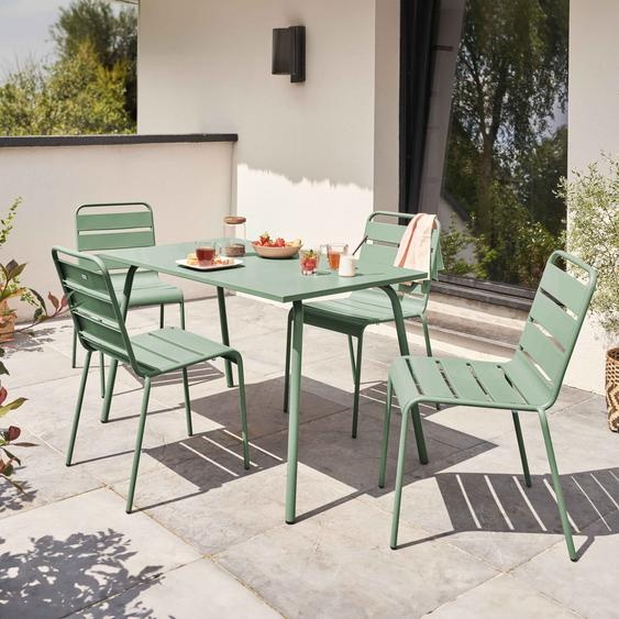 Ensemble table de jardin en métal et 4 chaises vert sauge - Oviala Palavas