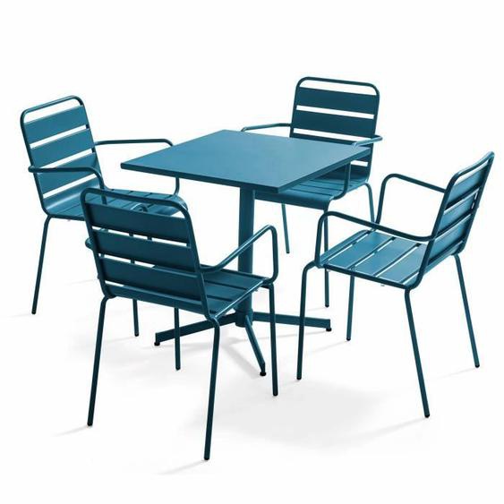 Ensemble table de terrasse et 4 fauteuils en métal bleu pacific