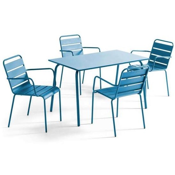 Ensemble table de jardin et 4 fauteuils en métal bleu pacific