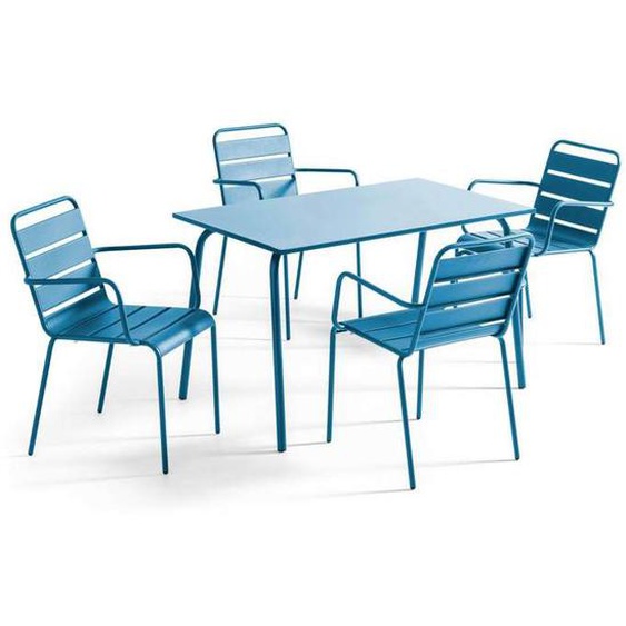 Ensemble table de jardin et 4 fauteuils en métal bleu pacific