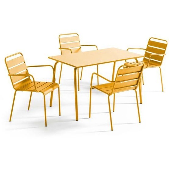 Ensemble table de jardin et 4 fauteuils en métal jaune