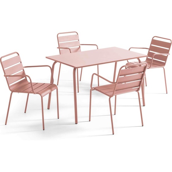 Ensemble table de jardin et 4 fauteuils en métal Rose poudré - Oviala Palavas