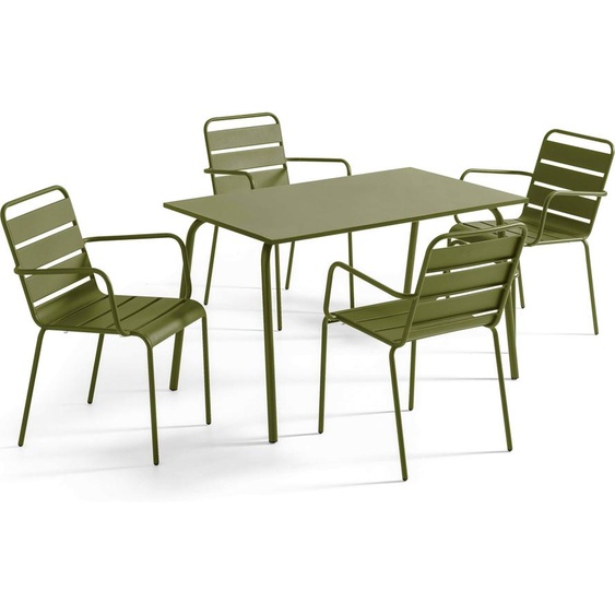 Ensemble table de jardin et 4 fauteuils en métal Vert Kaki - Oviala Palavas