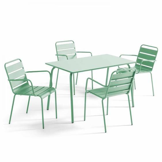 Ensemble table de jardin et 4 fauteuils en métal vert sauge