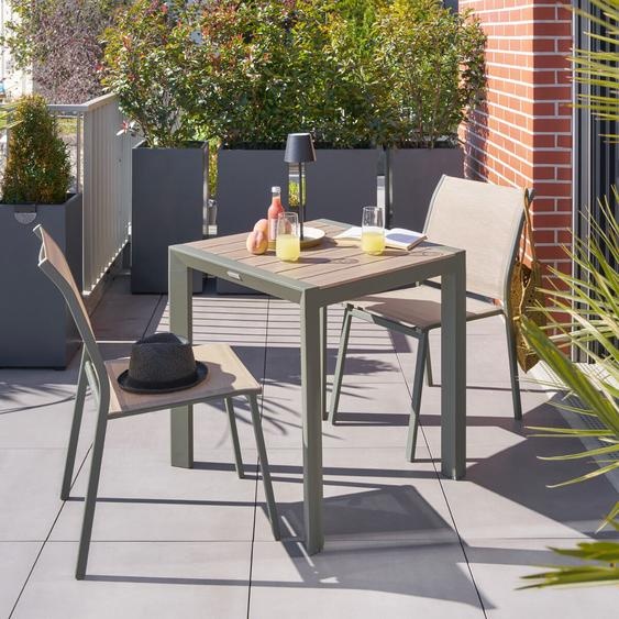 Ensemble table de jardin ÉVASION + 2 chaises empilables ESSENTIA Lin   Laurier places - Aluminium traité époxy Hespéride