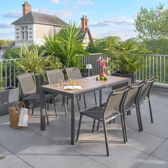 Ensemble table de jardin ÉVASION + 6 chaises empilables ESSENTIA Graphite places - Aluminium traité époxy Hespéride