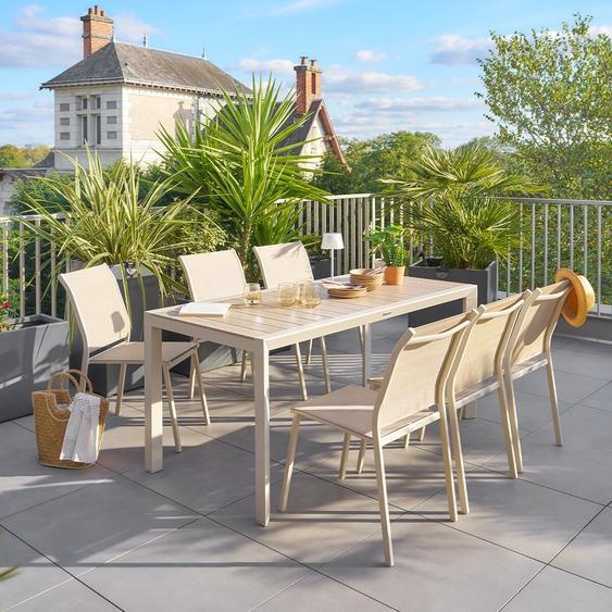 Ensemble table de jardin ÉVASION + 6 chaises empilables ESSENTIA Lin   Argile places - Aluminium traité époxy Hespéride