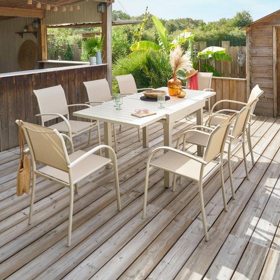 Ensemble table de jardin extensible + 8 fauteuils empilables PIAZZA Argile places - Aluminium, ECP Hespéride