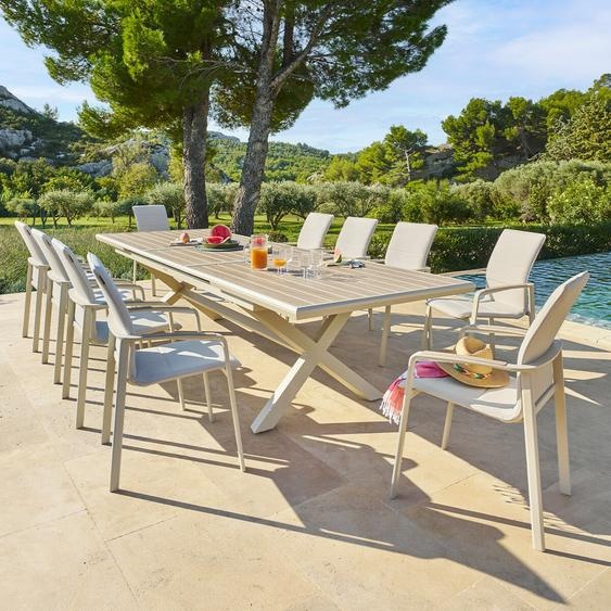 Ensemble table de jardin extensible AXIOME + 10 fauteuils empilables DIESE Argile places - Aluminium traité époxy, ECP Hespéride