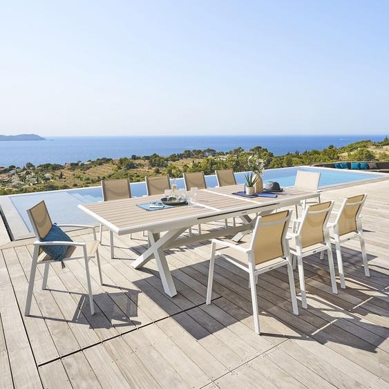 Ensemble table de jardin extensible AXIOME Effet bois + 10 fauteuils AXANT Lin   Blanc places - Aluminium traité époxy, ECP Hespéride