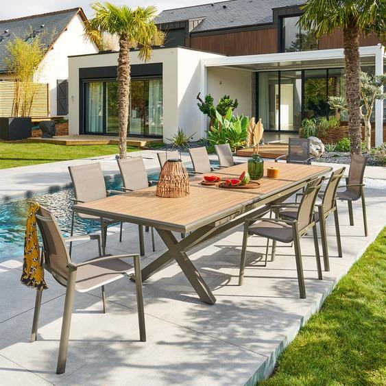 Ensemble table de jardin extensible AXIOME Effet bois + 10 fauteuils AXANT Praline 12 places - Aluminium traité époxy, ECP Hespéride