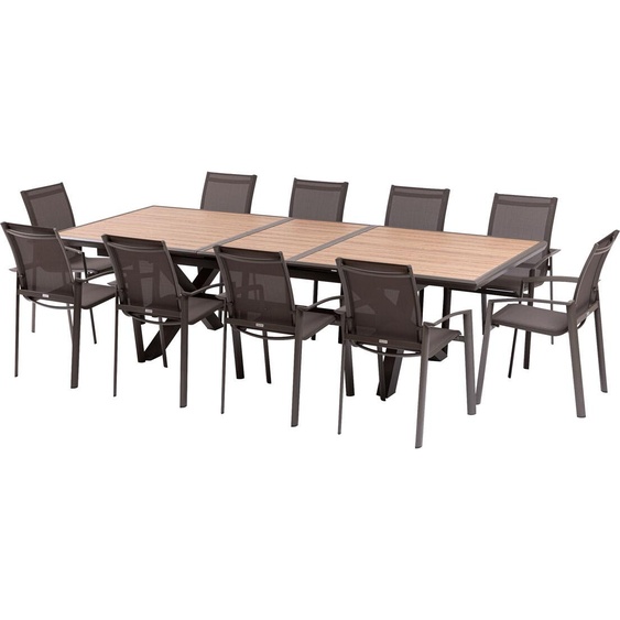Ensemble table de jardin extensible AXIOME Effet bois honey + 10 fauteuils AXANT Praline places - Aluminium traité époxy, ECP Hespéride
