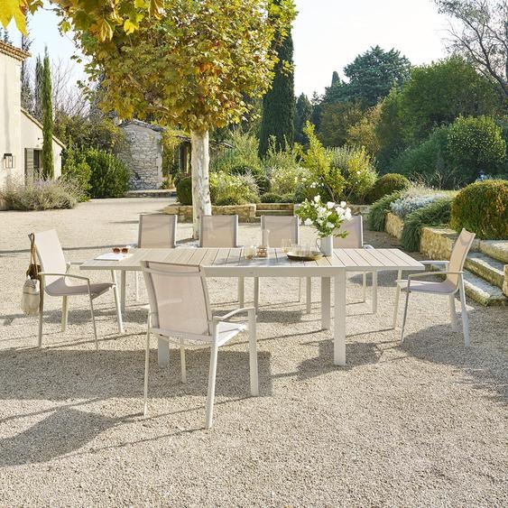 Ensemble table de jardin extensible ÉVASION + 10 fauteuils empilables AXANT Argile   Lin places - Aluminium traité époxy Hespéride