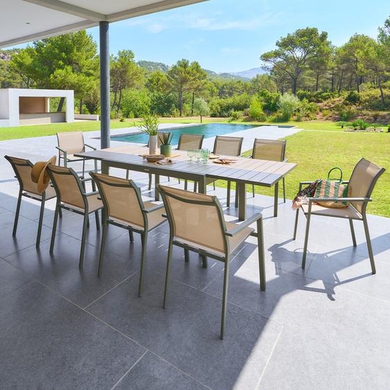 Ensemble table de jardin extensible ÉVASION + 10 fauteuils empilables ESSENTIA Laurier   Lin places - Aluminium traité époxy Hespéride