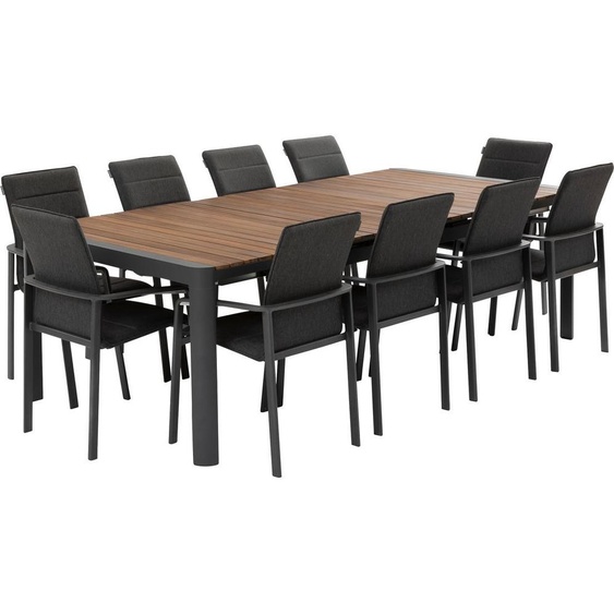 Ensemble table de jardin extensible PARADIZE + 10 fauteuils empilables DIESE Graphite 12 places - Aluminium, Acacia certifié FSC® Hespéride