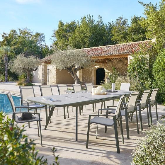 Ensemble table de jardin extensible PULPY + 12 fauteuils empilables AXANT Laurier places - Aluminium traité époxy Hespéride