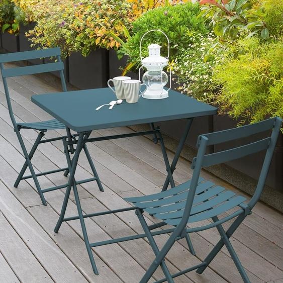 Ensemble table de jardin pliante carrée + 2 chaises GREENSBORO Bleu canard places - Acier traité époxy, Traitement antirouille renforcé Hespéride