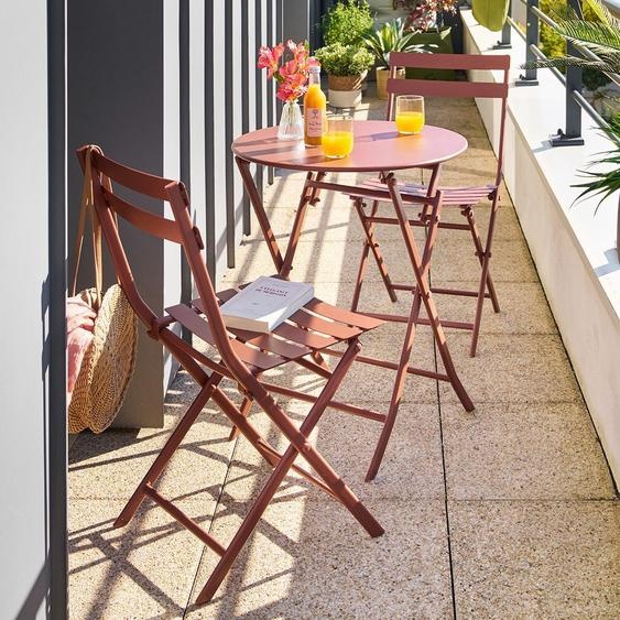 Ensemble table de jardin pliante ronde + 2 chaises GREENSBORO Acajou places - Acier, Traitement anti-rouille renforcé Hespéride