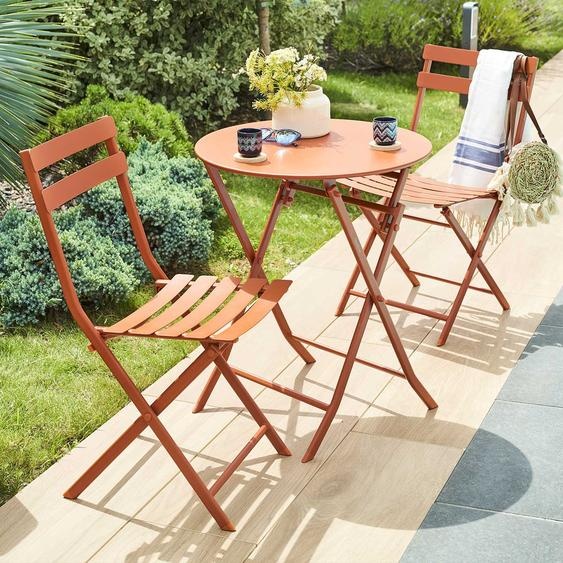 Ensemble table de jardin pliante ronde + 2 chaises GREENSBORO Ambre places - Acier traité époxy, Traitement antirouille renforcé Hespéride