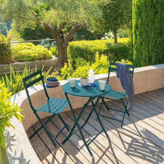 Ensemble table de jardin pliante ronde + 2 chaises GREENSBORO Bleu canard places - Acier traité époxy, Traitement antirouille renforcé Hespéride