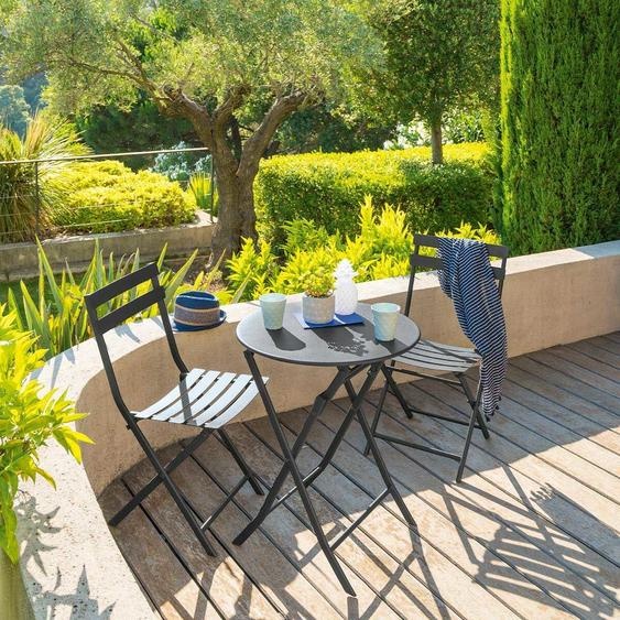 Ensemble table de jardin pliante ronde + 2 chaises GREENSBORO Graphite places - Acier traité époxy, Traitement antirouille renforcé Hespéride