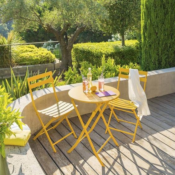 Ensemble table de jardin pliante ronde + 2 chaises GREENSBORO Jaune moutarde places - Acier traité époxy, Traitement antirouille renforcé Hespéride