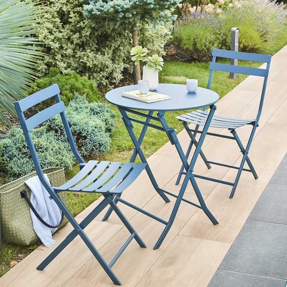 Ensemble table de jardin pliante ronde + 2 chaises GREENSBORO Pétrole places - Acier traité époxy, Traitement antirouille renforcé Hespéride