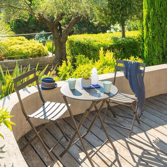 Ensemble table de jardin pliante ronde + 2 chaises GREENSBORO Tonka places - Acier traité époxy, Traitement antirouille renforcé Hespéride