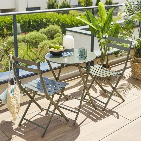 Ensemble table de jardin pliante ronde + 2 chaises GREENSBORO Vert laurier places - Acier traité époxy, Traitement antirouille renforcé Hespéride