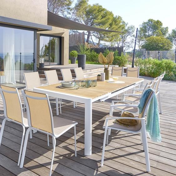 Ensemble table de jardin rectangulaire PARADIZE + 8 fauteuils et 4 chaises AXANT Blanc 12 places - Aluminium, Acacia certifié FSC® Hespéride