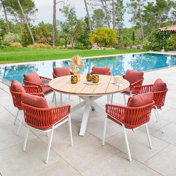 Ensemble table de jardin ronde + 8 fauteuils ORIENGO Acacia   Blanc places - Aluminium traité époxy, certifié FSC® Hespéride