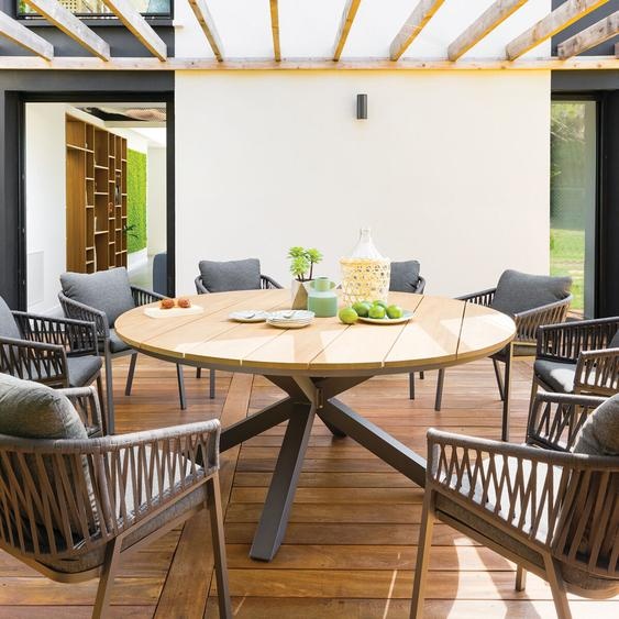 Ensemble table de jardin ronde + 8 fauteuils ORIENGO Graphite places - Aluminium traité époxy, Acacia certifié FSC® Hespéride