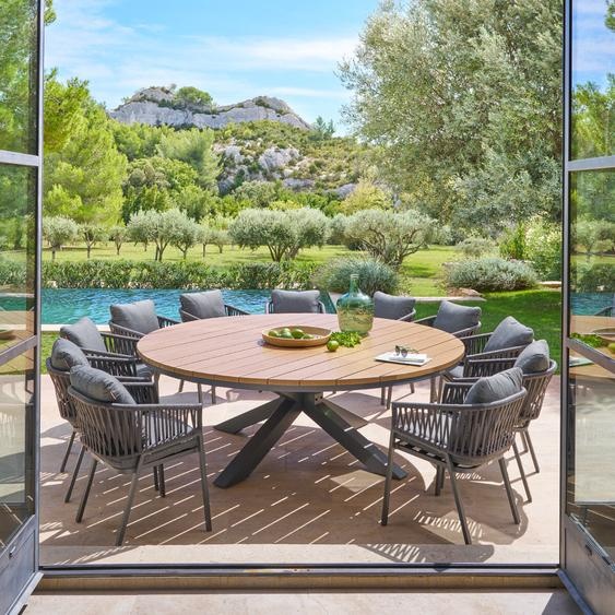Ensemble table de jardin ronde ORACLION + 10 fauteuils ORIENGO Graphite 12 places - Aluminium traité époxy Hespéride