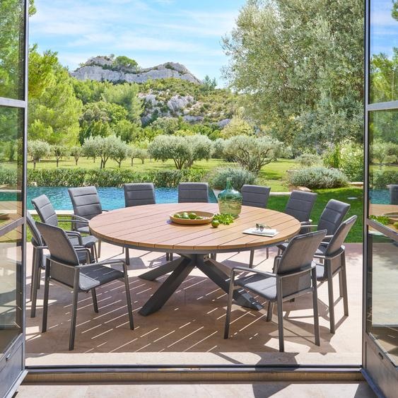 Ensemble table de jardin ronde ORACLION + 12 fauteuils empilables DIESE Graphite places - Aluminium traité époxy Hespéride