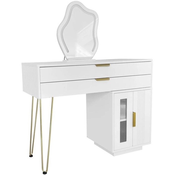 Ensemble table de maquillage - Table de coiffure avec tabouret - Miroir LED - Lumière tricolore - Bois - 120×90×40 cm - Blanc 1