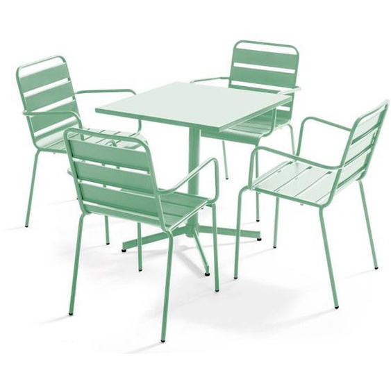 Ensemble table de terrasse et 4 fauteuils en métal vert sauge