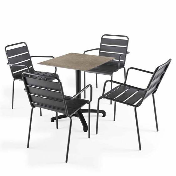 Ensemble table de terrasse stratifié marbre beige et 4 fauteuils gris
