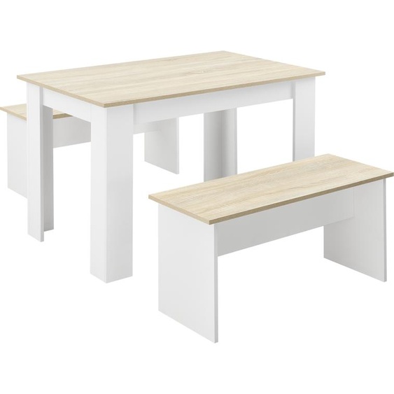 Ensemble table et bancs 3 pièces Groupe de repas pour 4 table 110 x 70 cm avec 2 bancs Groupe de table blanc/chêne [en.casa]