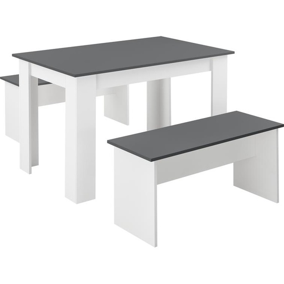 Ensemble table et bancs 3 pièces Groupe de repas pour 4 table 110 x 70 cm avec 2 bancs Groupe de table blanc/gris [en.casa]