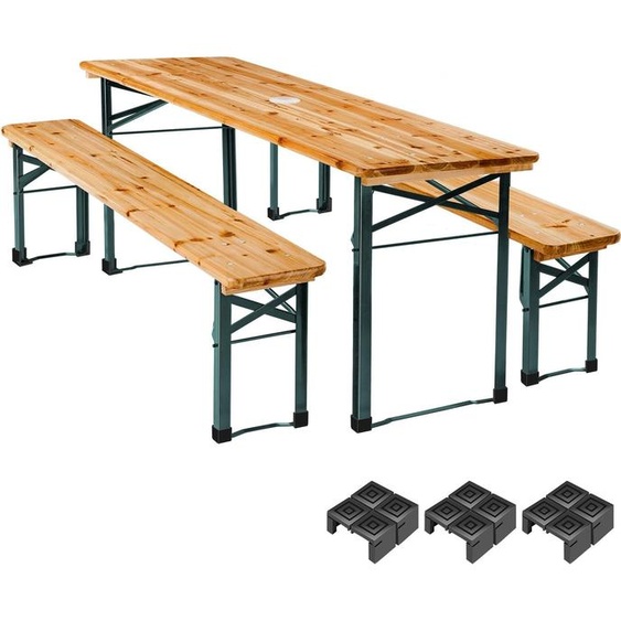 Ensemble table et bancs LUDWIG 3 pièces pliable avec support pour parasol - marron