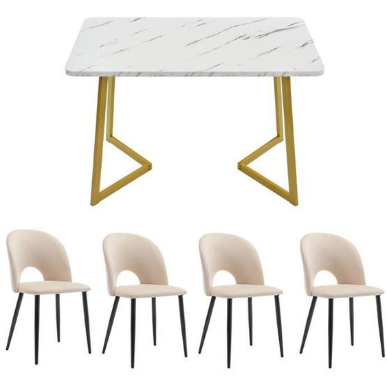 Ensemble table et chaises à manger-1 table et 4 chaises-pieds de table dorés-117*68*75+47*44*84cm-dossier diamant-velours beige