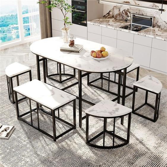 Ensemble Table Et Chaises De Luxe Moderne, Table De Salle À Manger Avec 6 Chaises En MDF Effet Marbre Et Cadre En Fer Noir