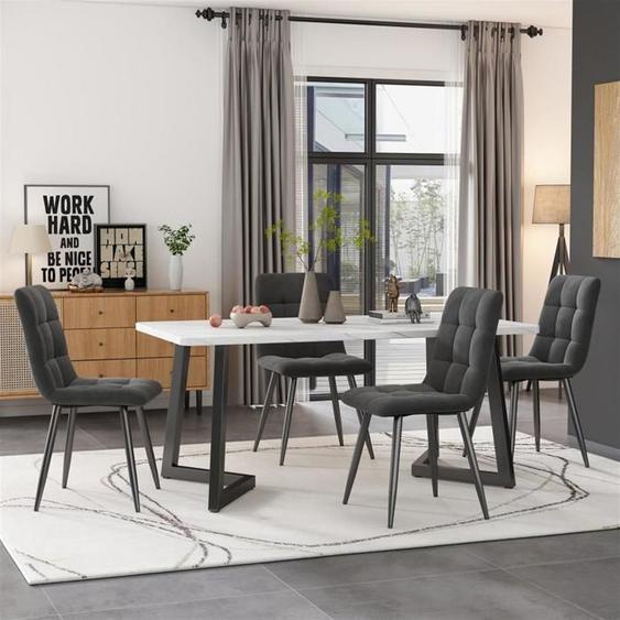 Ensemble table et chaises de salle à manger, table en marbre artificiel, pieds noirs, 4 chaises en velours gris