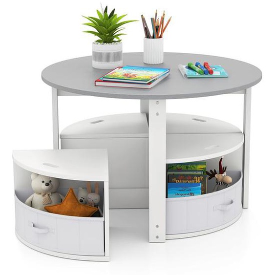 Ensemble Table et Chaises pour Enfants - COSTWAY - 4 Tabourets - 4 Tiroirs en Tissu pour Activités, Jeux, Art, Lecture Gris