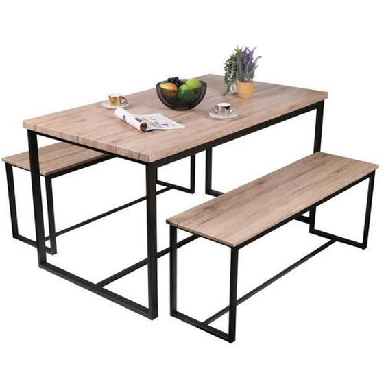 Ensemble table et deux bancs style industriel. Table en bois et métal.