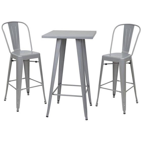 Ensemble table haute avec 2 tabourets de bar en metal gris style industriel