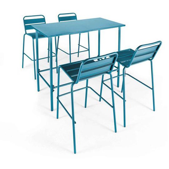 Ensemble table haute et 4 chaises de bar en métal bleu pacific Palavas Oviala