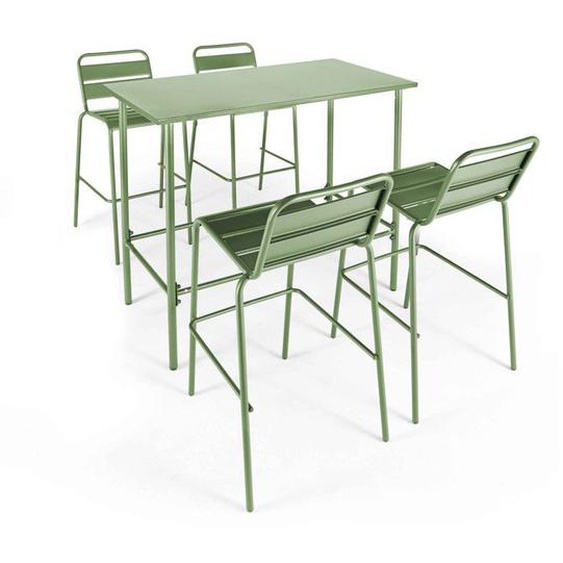 Ensemble table haute et 4 chaises de bar en métal vert cactus Palavas Oviala