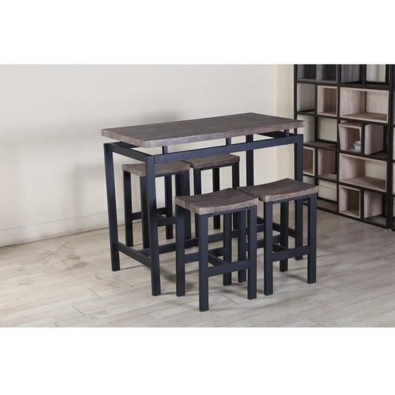Ensemble table haute - NO NAME - NIMES - 4 tabourets - Métal noir - MDF bois foncé