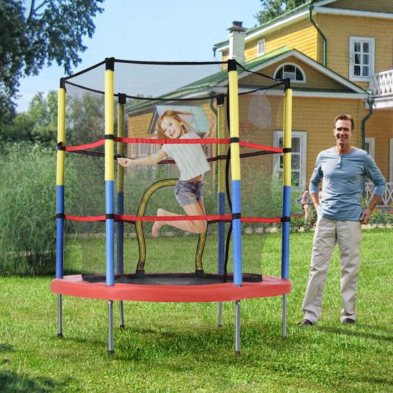 Ensemble Trampoline de Jardin pour Enfants,Rond en Acier Galvanisé,140xH164cm,Jeux Intérieur/Extérieur avec Panier Basket-ball,Charge